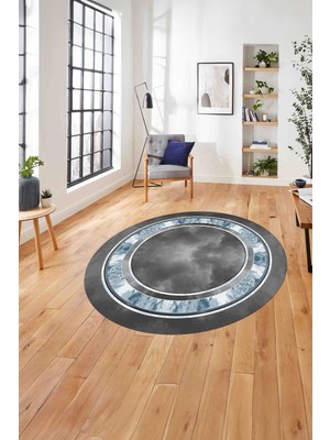 Napoli Home Çerçeveli Modern Dijital Baskılı Yıkanabilir Kaymaz Yuvarlak Salon Halısı, ÇERÇEVELİ-Y-117-MAVİ,