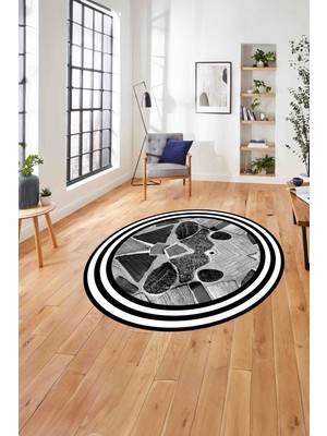 Napoli Home Çerçeveli Mermer Görünümlü Yıkanabilir Kaymaz Yuvarlak Salon Halısı, ÇERÇEVELİ-Y-124-GRİ,