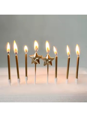 Metalik Doğum Günü Pastası Mumları Yıldız Şekilli ve Düz Mum 2 Li Çubuklu Yıldız Mum