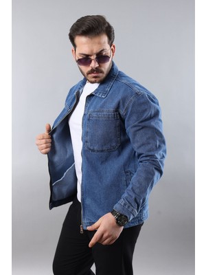 Little Cup Jeans Co Erkek Regular Fit Mavi Spor Model Fermuarlı Kot Ceket