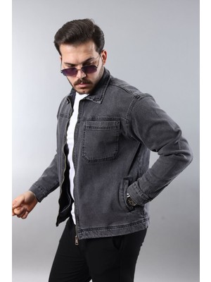 Little Cup Jeans Co Erkek Regular Fit Siyah Kar Yıkama Spor Model Fermuarlı Kot Ceket