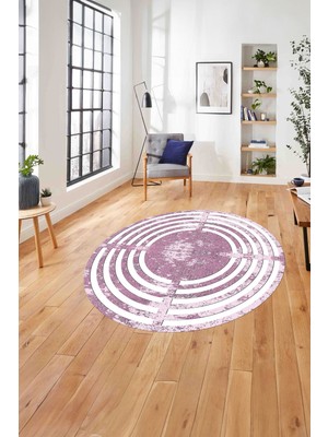 Napoli Home Çerçeveli Sade Dikdörtgen Çizgili Yıkanabilir Kaymaz Yuvarlak Salon Halısı, Çerçeveli-Y-51-Pembe,