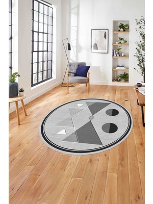 Napoli Home Çerçeveli Üçgen Desenli Yıkanabilir Kaymaz Yuvarlak Salon Halısı, Çerçeveli-Y-84-Gri,