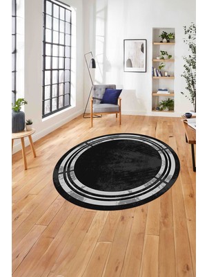 Napoli Home Çerçeveli Dekoratif Baskılı Yıkanabilir Kaymaz Yuvarlak Salon Halısı, Çerçeveli-Y-68-Siyah,