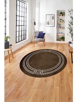 Napoli Home Çerçeveli Hitit Model Yıkanabilir Kaymaz Yuvarlak Salon Halısı, Çerçeveli-Y-71-Kahve,