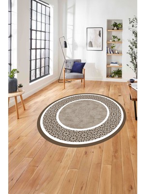 Napoli Home Çerçeveli Yeni Nesil Model Yıkanabilir Kaymaz Yuvarlak Salon Halısı, Çerçeveli-Y-91-Kahve,