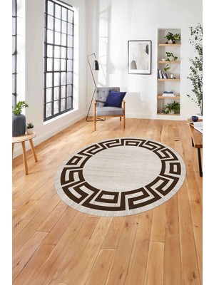 Napoli Home Çerçeveli Geometrik Kenar Detay Yıkanabilir Kaymaz Yuvarlak Salon Halısı, ÇERÇEVELİ-Y-116-KAHVE,