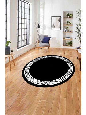 Napoli Home Çerçeveli Sade Vektörel Model Yıkanabilir Kaymaz Yuvarlak Salon Halısı, Çerçeveli-Y-98-Siyah,