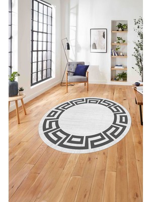 Napoli Home Çerçeveli Geometrik Kenar Detay Yıkanabilir Kaymaz Yuvarlak Salon Halısı, ÇERÇEVELİ-Y-116-GRİ,
