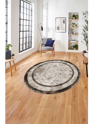 Napoli Home Çerçeveli Kupa Desenli Yıkanabilir Kaymaz Yuvarlak Salon Halısı, ÇERÇEVELİ-Y-118-KAHVE,