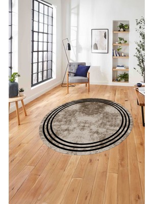 Napoli Home Çerçeveli Kenar Çizgi Motifli Yıkanabilir Kaymaz Yuvarlak Salon Halısı, Çerçeveli-Y-61-Kahve,