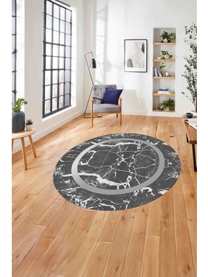 Napoli Home Çerçeveli Mermer Deseneli Yıkanabilir Kaymaz Yuvarlak Salon Halısı, Çerçeveli-Y-64-Gri,