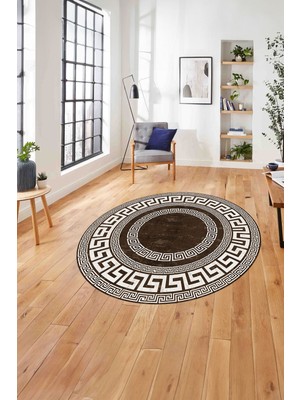 Napoli Home Çerçeveli Vektörel Modelli Sade Yıkanabilir Kaymaz Yuvarlak Salon Halısı, Çerçeveli-Y-90-Kahve,
