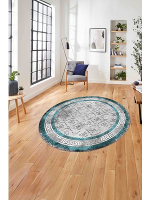 Napoli Home Çerçeveli Kupa Desenli Yıkanabilir Kaymaz Yuvarlak Salon Halısı, ÇERÇEVELİ-Y-118-TURKUAZ,