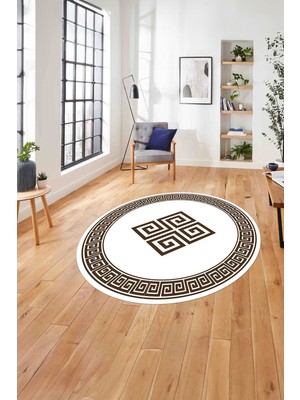 Napoli Home Çerçeveli Vektörel Desenli Yıkanabilir Kaymaz Yuvarlak Salon Halısı, Çerçeveli-Y-82-Kahve,