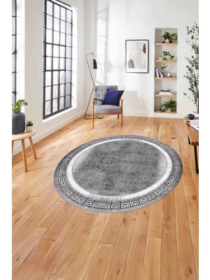 Napoli Home Çerçeveli Klasik Desenli Yıkanabilir Kaymaz Yuvarlak Salon Halısı, ÇERÇEVELİ-Y-110-GRİ,