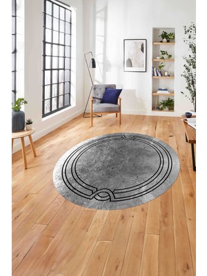 Napoli Home Çerçeveli Hitit Model Yıkanabilir Kaymaz Yuvarlak Salon Halısı, Çerçeveli-Y-71-Gri,