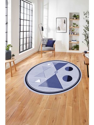 Napoli Home Çerçeveli Üçgen Desenli Yıkanabilir Kaymaz Yuvarlak Salon Halısı, Çerçeveli-Y-84-Lacivert,