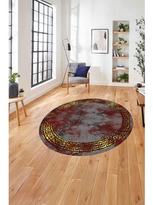 Napoli Home Çerçeveli Sade Modern Baskılı Yıkanabilir Kaymaz Yuvarlak Salon Halısı, Çerçeveli-Y-104-Kırmızı,