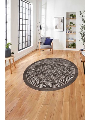 Napoli Home Çerçeveli Dörtgen Detaylı Yıkanabilir Kaymaz Yuvarlak Salon Halısı, Çerçeveli-Y-97-Vizon,