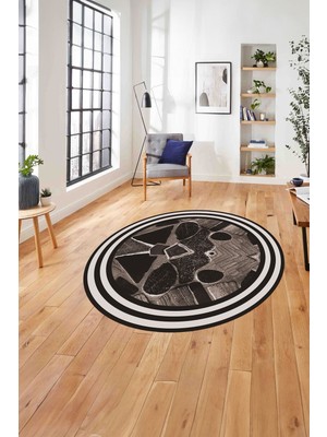 Napoli Home Çerçeveli Mermer Görünümlü Yıkanabilir Kaymaz Yuvarlak Salon Halısı, Çerçeveli-Y-124-Vizon,