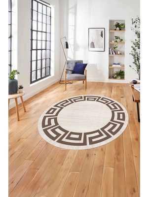 Napoli Home Çerçeveli Geometrik Kenar Detay Yıkanabilir Kaymaz Yuvarlak Salon Halısı, ÇERÇEVELİ-Y-116-VİZON,