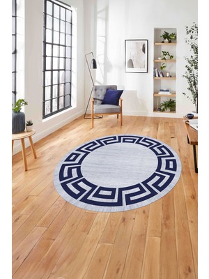 Napoli Home Çerçeveli Geometrik Kenarlı Yıkanabilir Kaymaz Yuvarlak Salon Halısı, ÇERÇEVELİ-Y-116-LACİVERT,