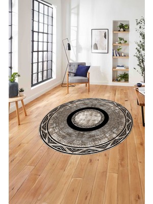 Napoli Home Çerçeveli Sade Görünümlü Yıkanabilir Kaymaz Yuvarlak Salon Halısı, ÇERÇEVELİ-Y-125-KAHVE,