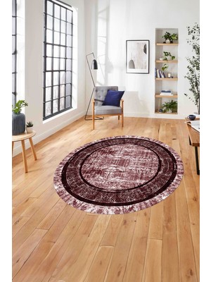 Napoli Home Çerçeveli Otantik Desen Detaylı Yıkanabilir Kaymaz Yuvarlak Salon Halısı, ÇERÇEVELİ-Y-115-BORDO,