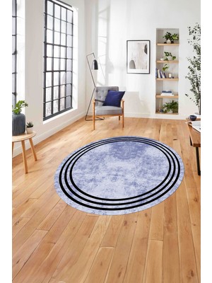 Napoli Home Çerçeveli Kenar Çizgi Motifli Yıkanabilir Kaymaz Yuvarlak Salon Halısı, Çerçeveli-Y-61-Mavi,