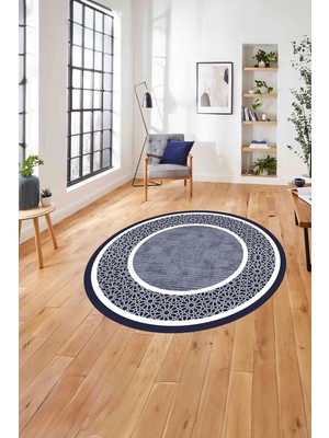 Napoli Home Çerçeveli Yeni Nesil Model Yıkanabilir Kaymaz Yuvarlak Salon Halısı, Çerçeveli-Y-91-Lacivert,