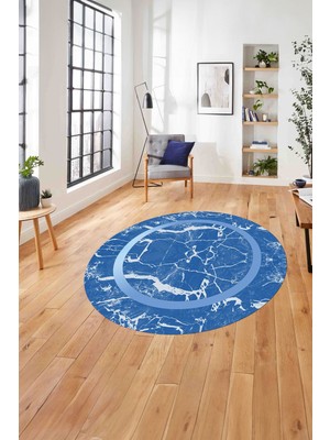 Napoli Home Çerçeveli Mermer Deseneli Yıkanabilir Kaymaz Yuvarlak Salon Halısı, Çerçeveli-Y-64-Mavi,