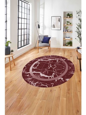 Napoli Home Çerçeveli Mermer Deseneli Yıkanabilir Kaymaz Yuvarlak Salon Halısı, Çerçeveli-Y-64-Kırmızı,