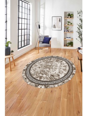 Napoli Home Çerçeveli Mermer Desen Baskılı Yıkanabilir Kaymaz Yuvarlak Salon Halısı, ÇERÇEVELİ-Y-100-KAHVE,