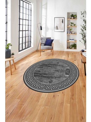Napoli Home Çerçeveli Klasik Modern Baskılı Yıkanabilir Kaymaz Yuvarlak Salon HALISI,ÇERÇEVELİ-Y-106-ANTRASİT,