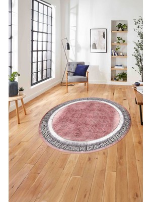 Napoli Home Çerçeveli Klasik Desenli Yıkanabilir Kaymaz Yuvarlak Salon Halısı, ÇERÇEVELİ-Y-110-KIRMIZI,