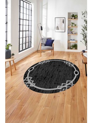 Napoli Home Çerçeveli Akrilik Desenli Yıkanabilir Kaymaz Yuvarlak Salon Halısı, Çerçeveli-Y-62-Gri,