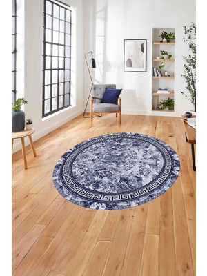 Napoli Home Çerçeveli Mermer Desen Baskılı Yıkanabilir Kaymaz Yuvarlak Salon HALISI,ÇERÇEVELİ-Y-100-LACİVERT,