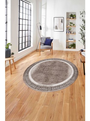 Napoli Home Çerçeveli Klasik Desenli Yıkanabilir Kaymaz Yuvarlak Salon Halısı, ÇERÇEVELİ-Y-110-VİZON,