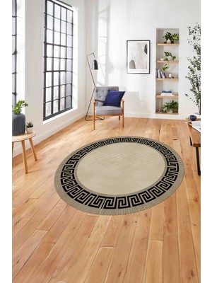 Napoli Home Çerçeveli Çizgi Detaylı Modern Yıkanabilir Kaymaz Yuvarlak Salon Halısı, ÇERÇEVELİ-Y-101-KAHVE,
