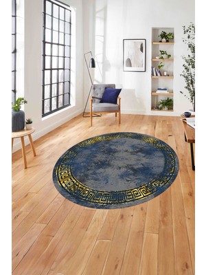 Napoli Home Çerçeveli Sade Modern Baskılı Yıkanabilir Kaymaz Yuvarlak Salon Halısı, ÇERÇEVELİ-Y-104-MAVİ,