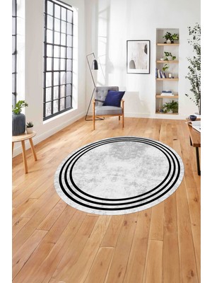 Napoli Home Çerçeveli Kenar Çizgi Motifli Yıkanabilir Kaymaz Yuvarlak Salon Halısı, Çerçeveli-Y-61-Gri,