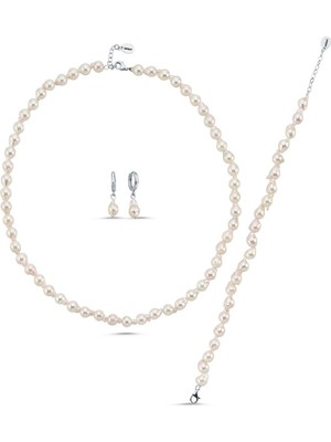 Birinci 14  Ayar Altın 8 mm Damla Barok İnci Kolye Bileklik Küpe Üçlü Set