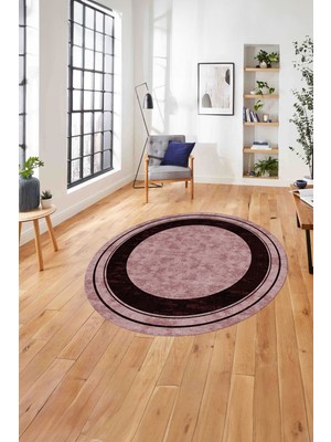 Napoli Home Baskılı Çerçeveli Düz Model Yıkanabilir Kaymaz Yuvarlak Salon Halısı, Çerçeveli-Y-60-Bordo,