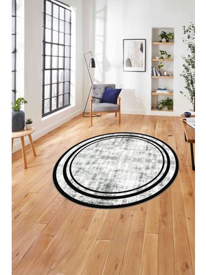 Napoli Home Çerçeveli Sade Modern Baskılı Yıkanabilir Kaymaz Yuvarlak Salon Halısı, Çerçeveli-Y-80-Gri,