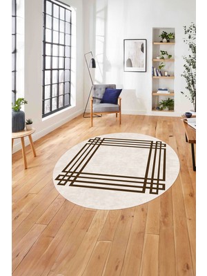 Napoli Home Çerçeveli Geometrik Motifli Yıkanabilir Kaymaz Yuvarlak Salon Halısı, Çerçeveli-Y-67-Kahve,