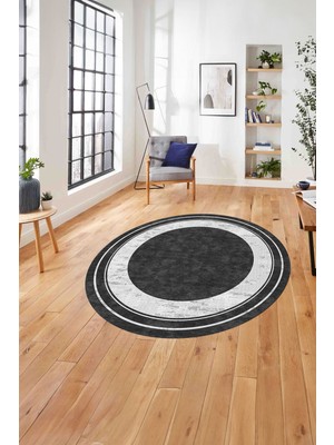 Napoli Home Baskılı Çerçeveli Düz Model Yıkanabilir Kaymaz Yuvarlak Salon Halısı, Çerçeveli-Y-60-Antrasit,