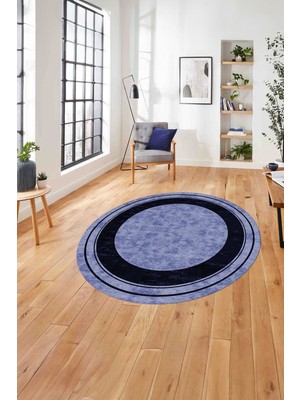 Napoli Home Baskılı Çerçeveli Düz Model Yıkanabilir Kaymaz Yuvarlak Salon Halısı, Çerçeveli-Y-60-Lacivert,