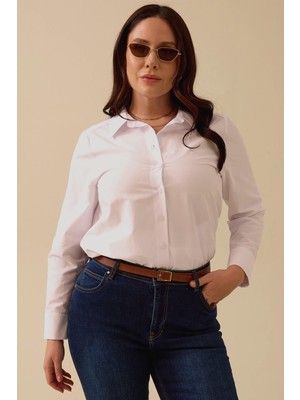 Kadın Büyük Beden Klasik Kesim Düğmeli Gömlek - Beyaz