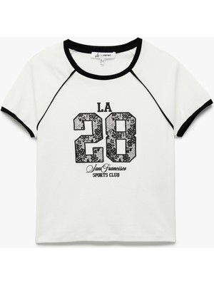 Koton Biyeli Dar Kalıp Kısa Kollu Bisiklet Yaka Pamuklu Baskılı Tişört